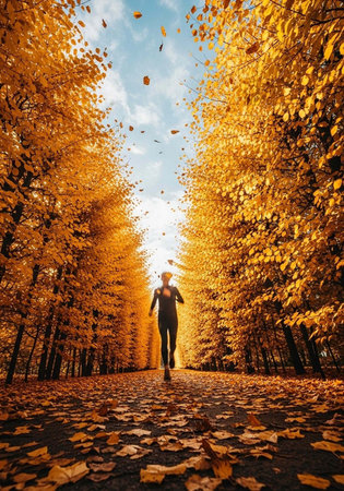 A woman runs down a picturesque autumnal path surrounded by vibrant yellow trees and falling leaves under a blue sky.の写真素材