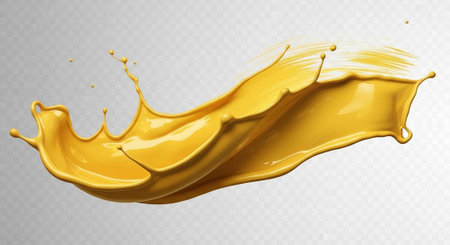 A splash of bright yellow liquid against a light grey background, showcasing dynamic movement and fluidity.の写真素材