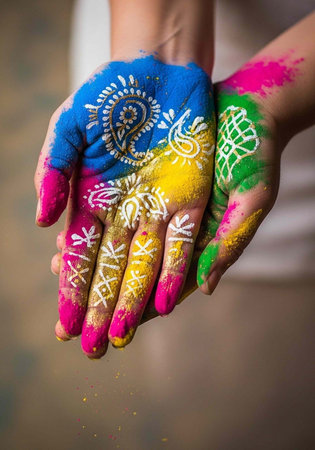 Hands covered in blue, pink, yellow, and green Holi powder with intricate white designs and patternsの写真素材