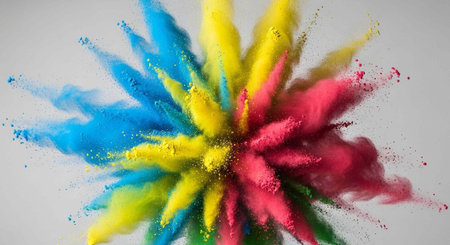 Colorful powder explodes in mid-air, creating a dynamic abstract scene with blue, yellow, red, and green hues on a gray background.の写真素材
