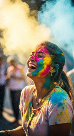 A joyful woman with colorful powder on her face and clothes laughing outdoors during a festive celebrationの写真素材