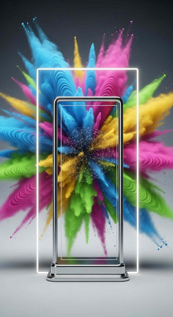 Smartphone with neon frame displays colorful explosion of pink, blue, green, and yellow powder on screenの写真素材