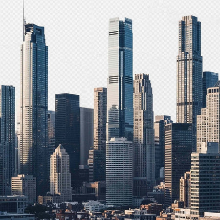 A modern cityscape with sleek skyscrapers and high-rise buildings in a bustling urban environment at daytimeの写真素材