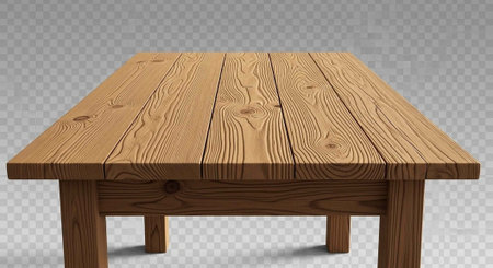 A wooden table with a natural finish and a simple design on a transparent backgroundの写真素材