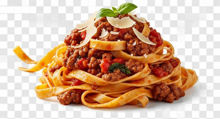 A delicious plate of pasta with meat sauce and parmesan cheese on a transparent backgroundの写真素材