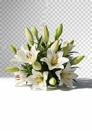 A beautiful bouquet of white lilies on a white surface with a transparent backgroundの写真素材