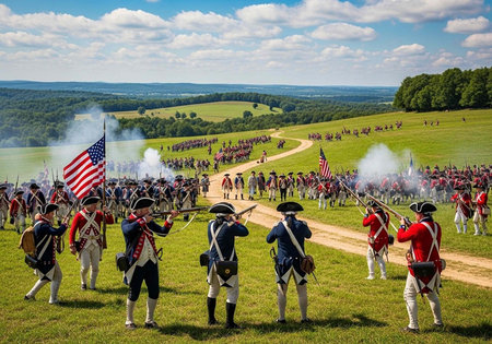 Colonial soldiers in 18th-century uniforms firing rifles on a grassy field with flags and smokeの写真素材