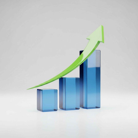3D blue bars with increasing height and a green arrow indicating growthの写真素材