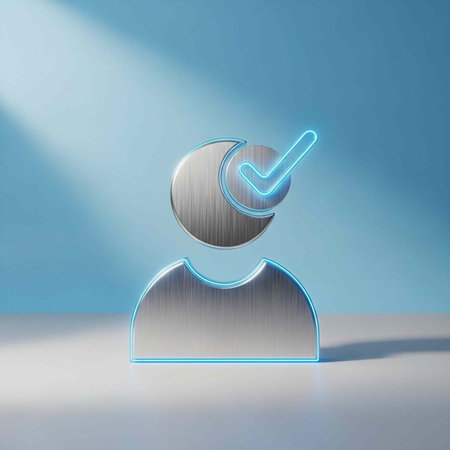 Metallic user profile with blue neon outline and checkmark on a blue backgroundの写真素材