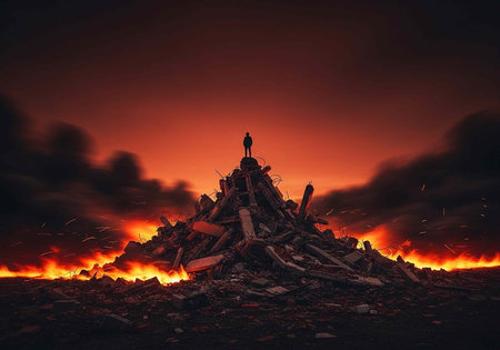 A person stands on a pile of burning wood with fire and dark smoke in the background.の写真素材