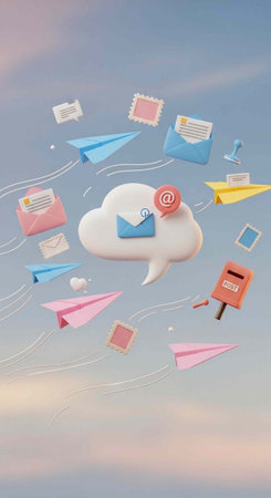 A creative illustration of emails and messages floating in the air with a cloudの写真素材