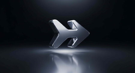 A sleek silver arrow logo shines brightly against a dark background with a spotlight effectの写真素材