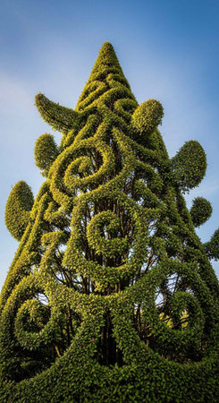 A beautifully sculpted topiary tree stands tall against a clear blue sky on a sunny day in a gardenの写真素材