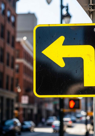 A yellow directional sign pointing left on a city street with blurred background of buildings and carsの写真素材