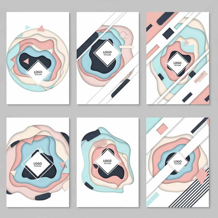 A collection of six modern abstract business card templates with pastel colors and logo placeholdersの写真素材