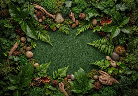 A lush green forest floor with various plants and leaves arranged in a circular patternの写真素材