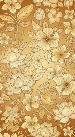 A beautiful golden floral pattern with intricate line drawings of flowers and leaves on a warm backgroundの写真素材
