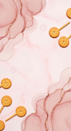 A pink background with crackers on sticks and a marble-like designの写真素材