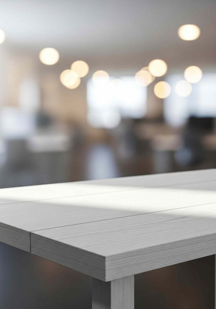 A modern gray wooden table in a blurred background of a brightly lit room with round ceiling lightsの写真素材