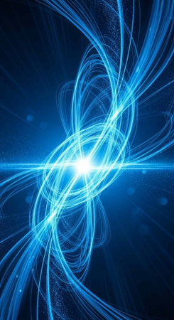 A vibrant blue abstract light design with swirling lines and a bright glowing center in a dark backgroundの写真素材