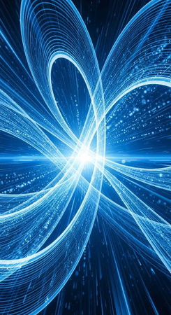 A vibrant blue abstract image with swirling lines and a bright light at its centerの写真素材