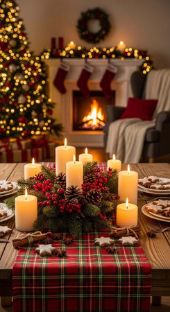 A cozy Christmas scene with candles, fireplace, and decorated tree in a warm and inviting living roomの写真素材