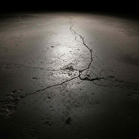 A close-up view of a cracked concrete surface illuminated by a spotlight in a dark environmentの写真素材