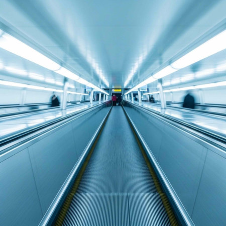A long, empty airport travelator stretches into the distance with blurred figures of people in motion.の写真素材