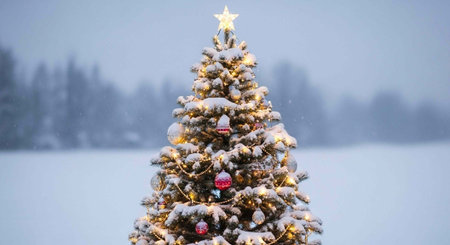 A snow-covered Christmas tree stands alone in a serene winter landscape with a star on topの写真素材