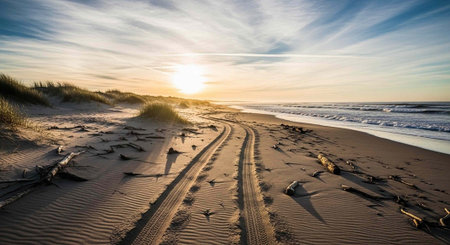A serene beach scene at sunset with tire tracks in the sand and a vibrant skyの写真素材