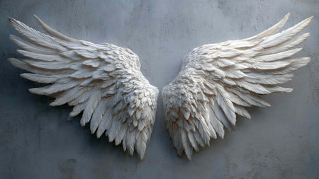 A pair of white angel wings mounted on a gray concrete wall with a textured backgroundの写真素材