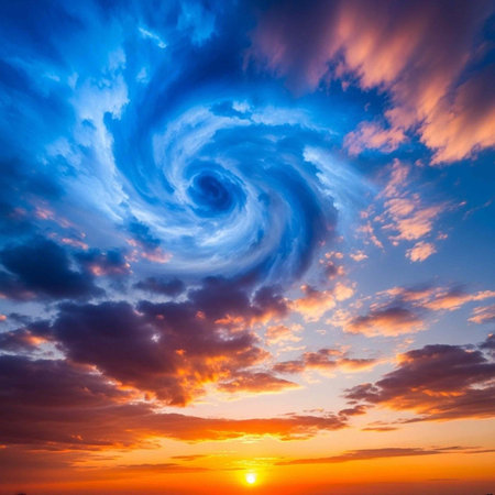 A vibrant swirling storm cloud at sunset with a bright orange sky and blue cloudsの写真素材