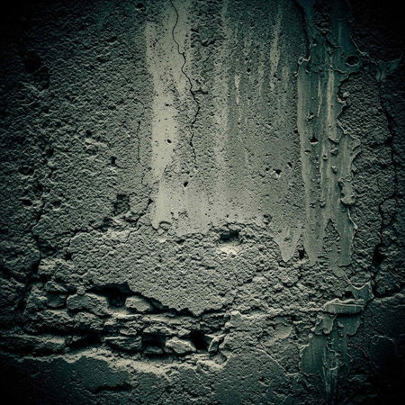 A close-up view of a rough, weathered concrete wall with cracks and peeling paintの写真素材