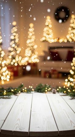 A cozy living room decorated with Christmas trees and lights for the holiday season indoorsの写真素材