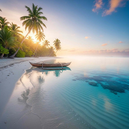 A serene tropical beach at sunset with a small wooden boat on the shore and palm trees in the backgroundの写真素材