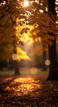 A serene autumn scene with sunlight filtering through golden leaves in a peaceful forestの写真素材