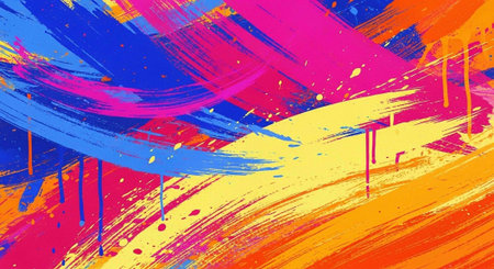 A vibrant abstract painting with colorful brushstrokes and splatters of paint on a canvasの写真素材