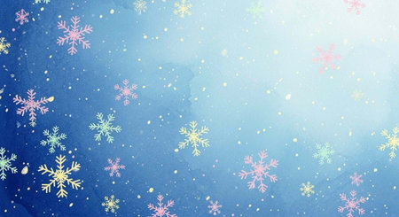 A vibrant winter scene with colorful snowflakes falling gently against a bright blue backgroundの写真素材