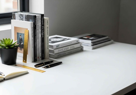 A tidy workspace with stacked books, a small potted plant, and writing tools on a white desk beside a windowの写真素材