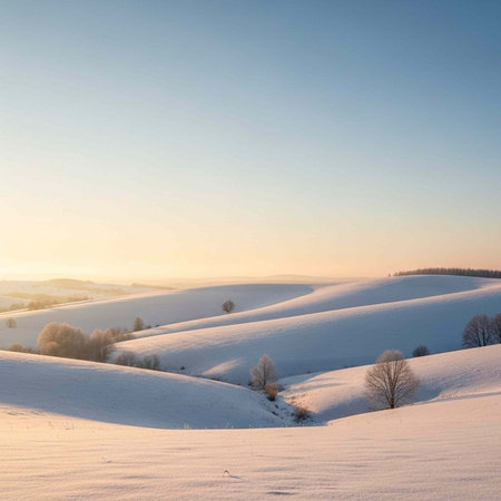 A serene winter landscape with snow-covered rolling hills and trees under a clear blue sky at sunriseの写真素材