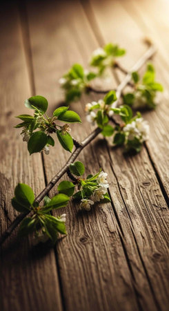 Close-up of blooming branches with green leaves and small white flowers on a rustic wooden table or floorの写真素材