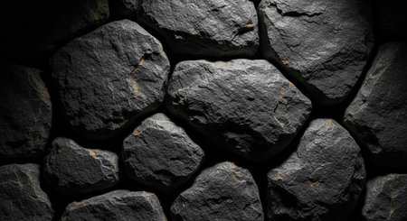 A close-up view of a dark stone wall with large rocks stacked together in a rugged patternの写真素材