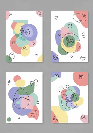 A colorful Easter-themed graphic design featuring bunnies and eggs on white backgrounds with pastel shapes.の写真素材
