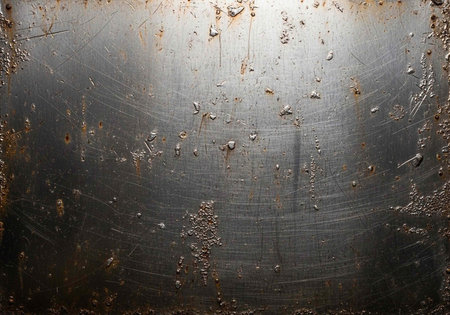 Close-up of a worn metal surface with visible rust, scratches, and corrosion, showcasing a textured industrial backgroundの写真素材