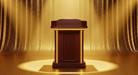 A dark wooden podium with gold accents stands in a spotlight on a golden stage with curtainsの写真素材