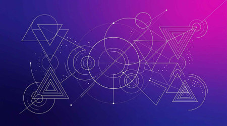 A vibrant geometric abstract illustration with triangles and circles on a purple backgroundの写真素材