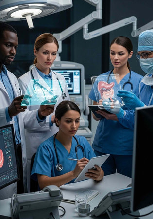 Medical professionals in a modern hospital setting discussing patient care and treatment plansの写真素材