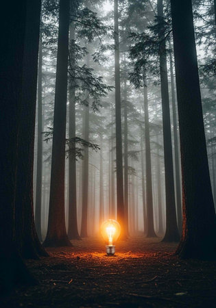 A glowing light bulb shines brightly in a dense and misty forest surrounded by tall treesの写真素材