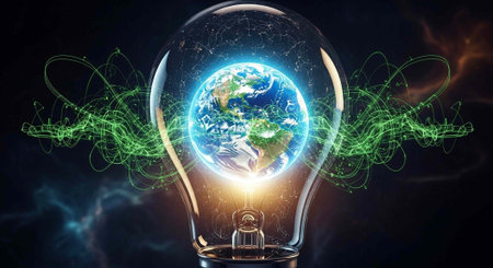 A glowing light bulb with the Earth inside, surrounded by green energy lines on a dark backgroundの写真素材