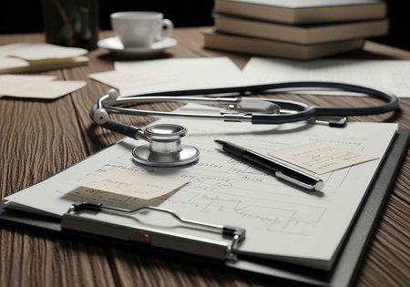 A stethoscope and medical clipboard with a pen and papers on a wooden desk in a doctor's officeの写真素材